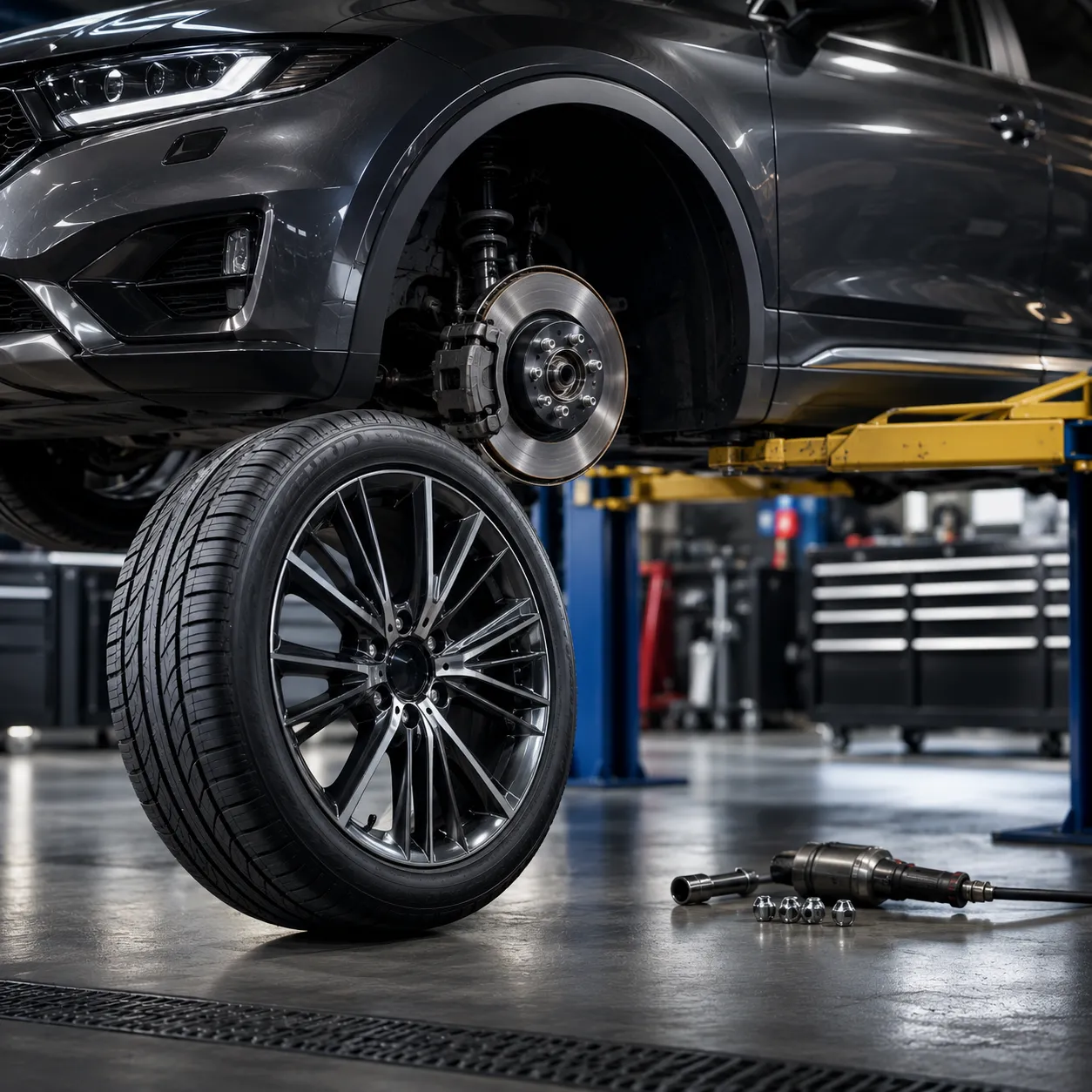 Bayanat Network technician performing tire replacement and inspection