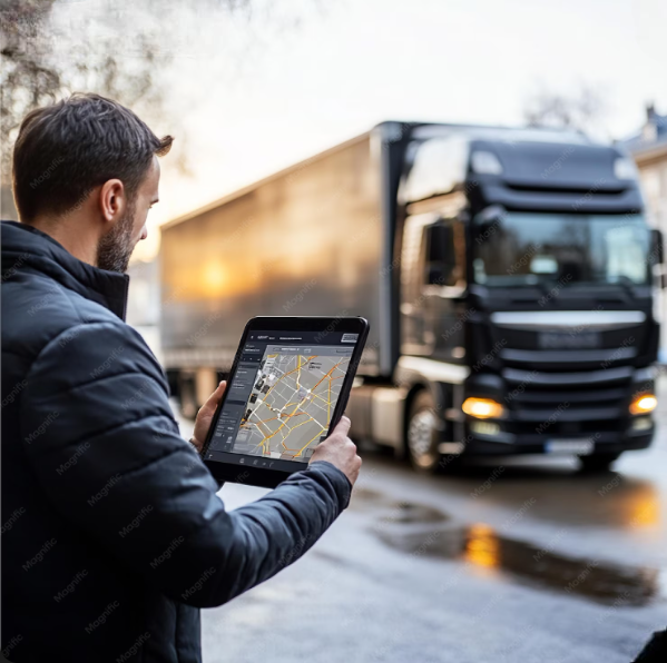 Fleet manager reviewing vehicle maintenance software on a laptop