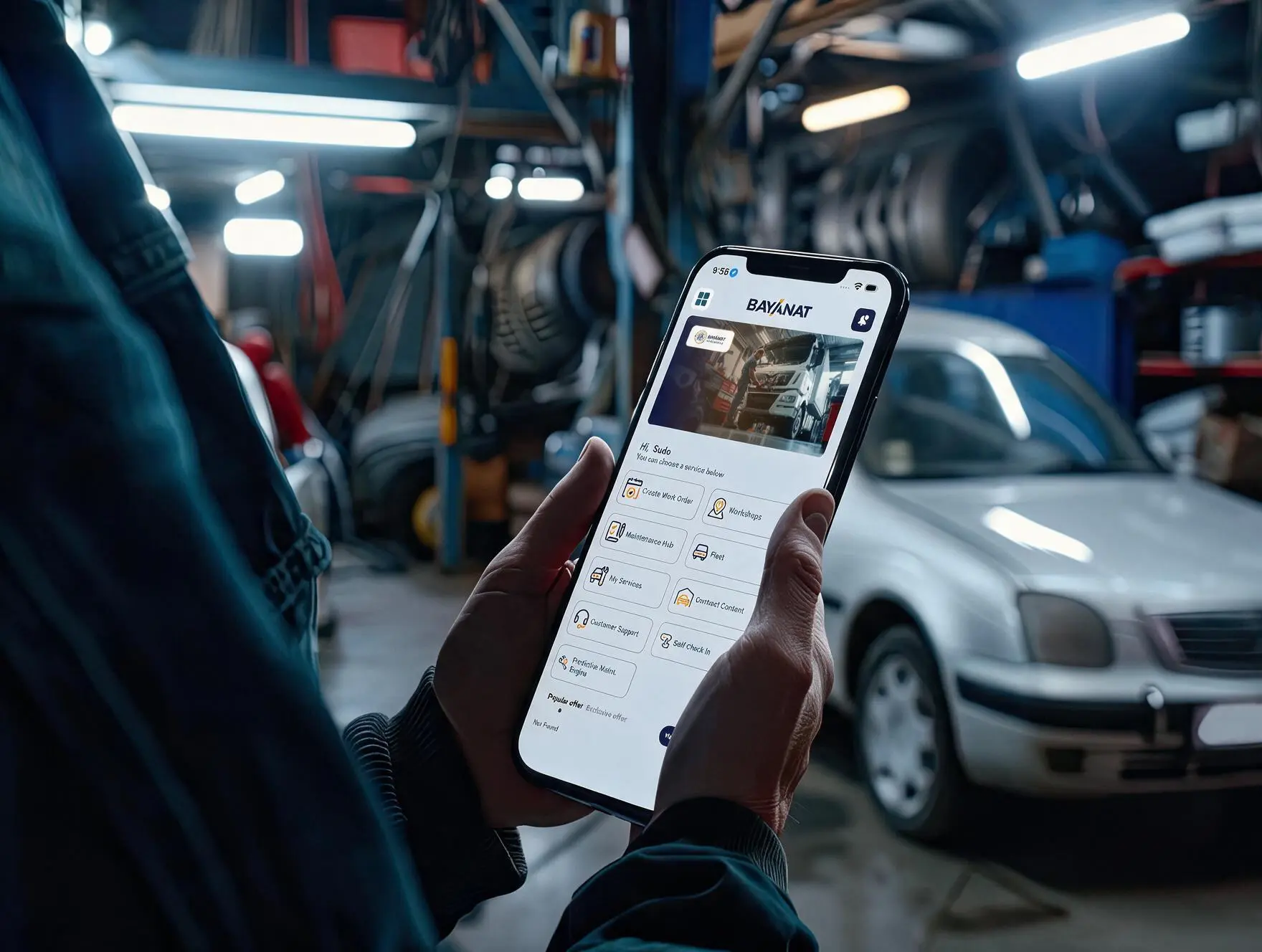 Technician using a digital tablet to manage a vehicle repair order in a workshop